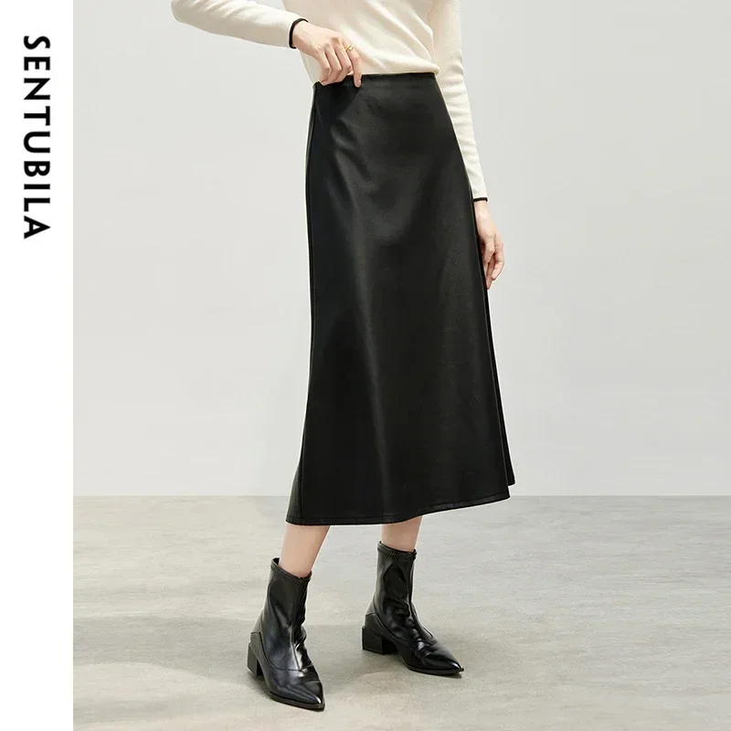 

SENTUBILA Women PU Leather Skirts 2025 Winter Elegant Fashion Ladies A-line High Waist Classic Retro Midi Skirt Woman 144Q57443