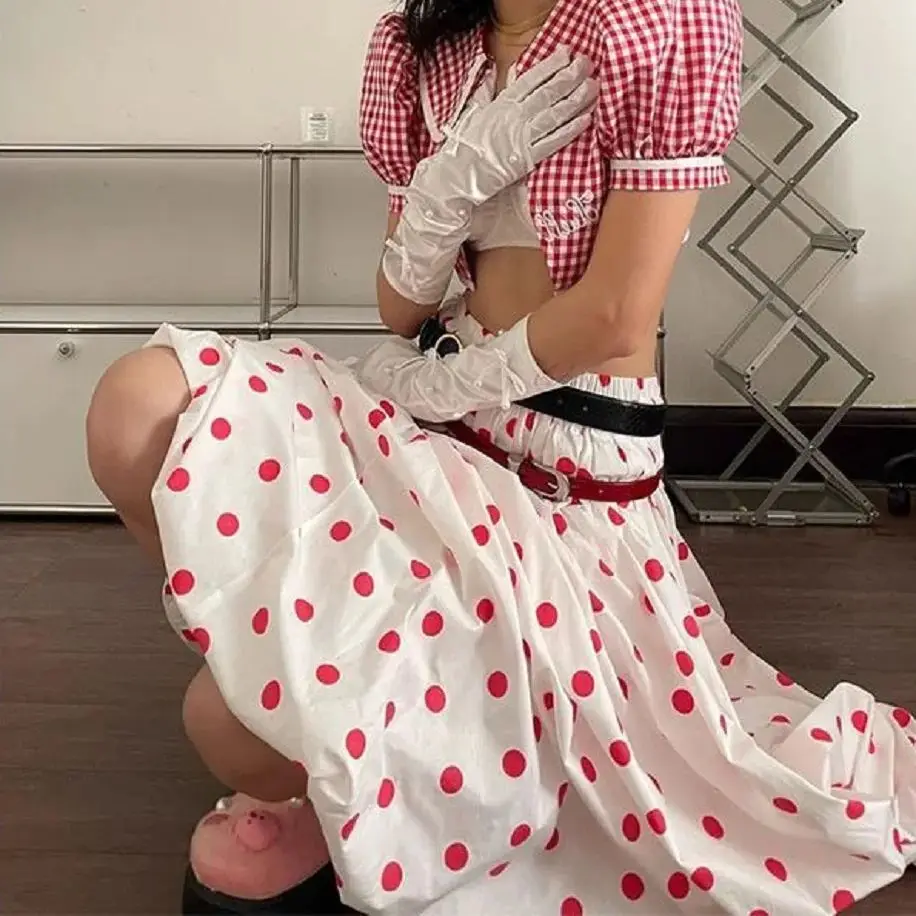Japanese Polka Dot Puffy Bud Long Skirt Red Polka Dot Bubble Skirt Women'S Summer New Loose Big Sway Skirt