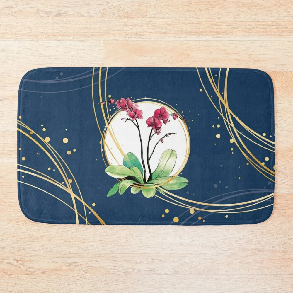 

Orchid surrounded by golden hoops on a blue background Bath Mat Living Room Rugs House Entrance External Entrance Doormat Mat