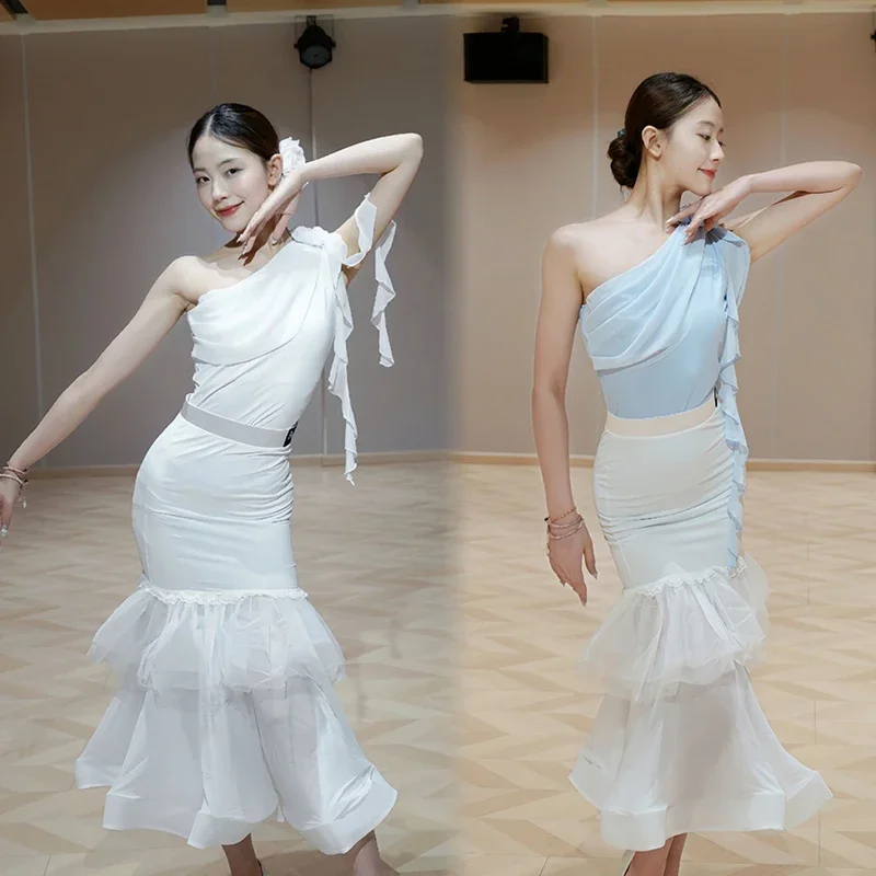 

Ballroom Dance Costume For Women Waltz Tango Dance Performance Clothes Adult Slanted Shoulder Sleeveless Training Set