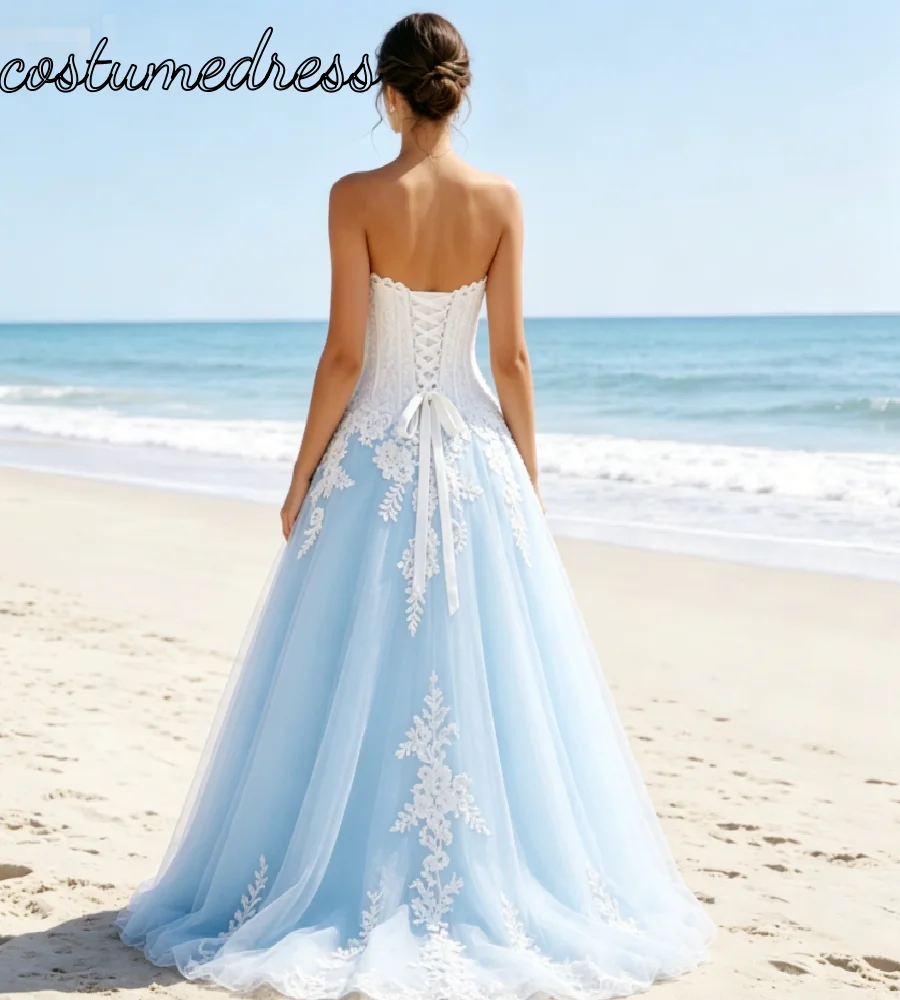 Cool Blue Colored Gothic Wedding Dress 2026 A Line Beach Elopement Bridal  Gowns Corset Lace Bohemian Photoshoot Romantic Bodas