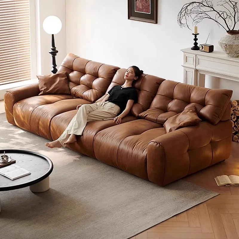 Super deep sitting width straight row oil wax cat scratching skin caramel color cloud removable backrest sofa 3