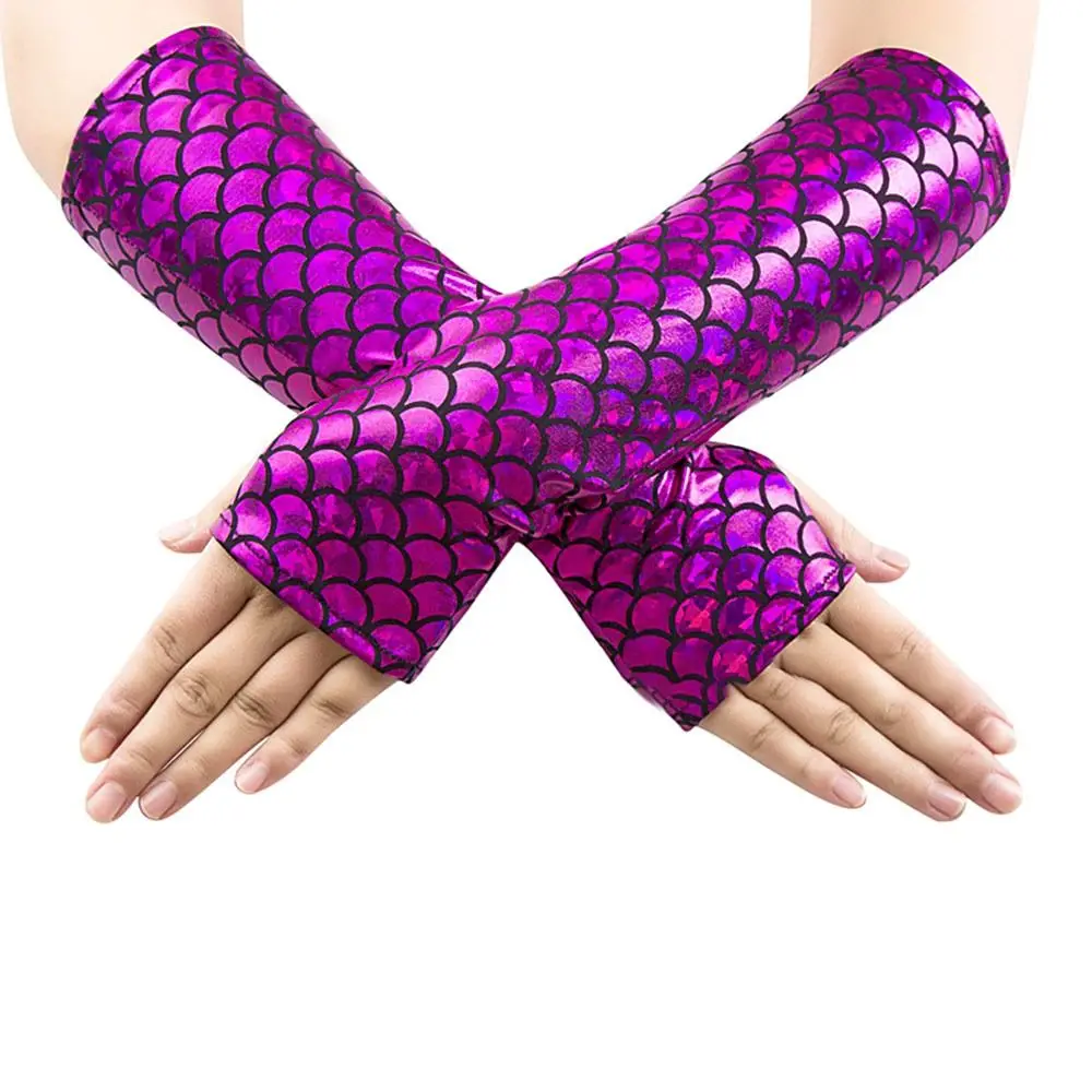 Fancy Colorful Fingerless Gloves Fish Scale Long Cosplay Gloves Gothic Mittens Adult