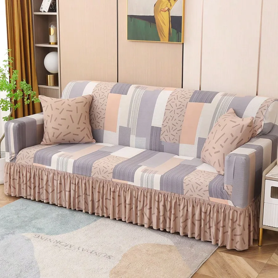 1pc Elastic Sofa Cover With Skirt For All Seasons, Made Of Polyester Fiber, Simple And Modern Design