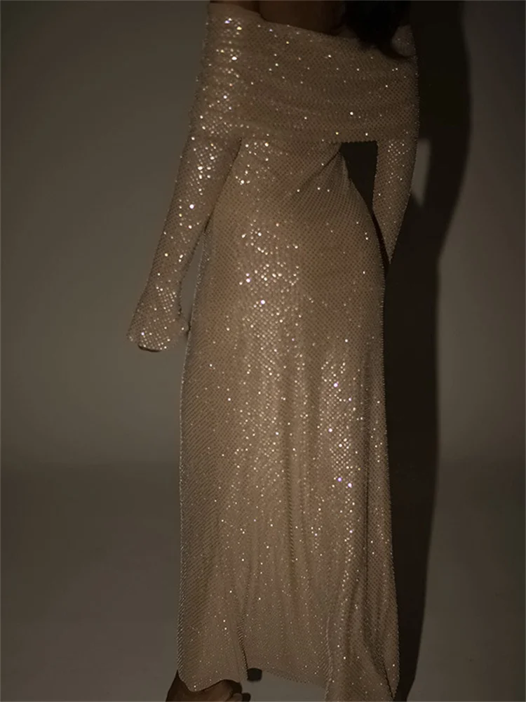 Vestido largo con hombros descubiertos para mujer, elegante, sedoso, impresionante, manga larga, cuello oblicuo, ceñido recto, ropa de noche femenina