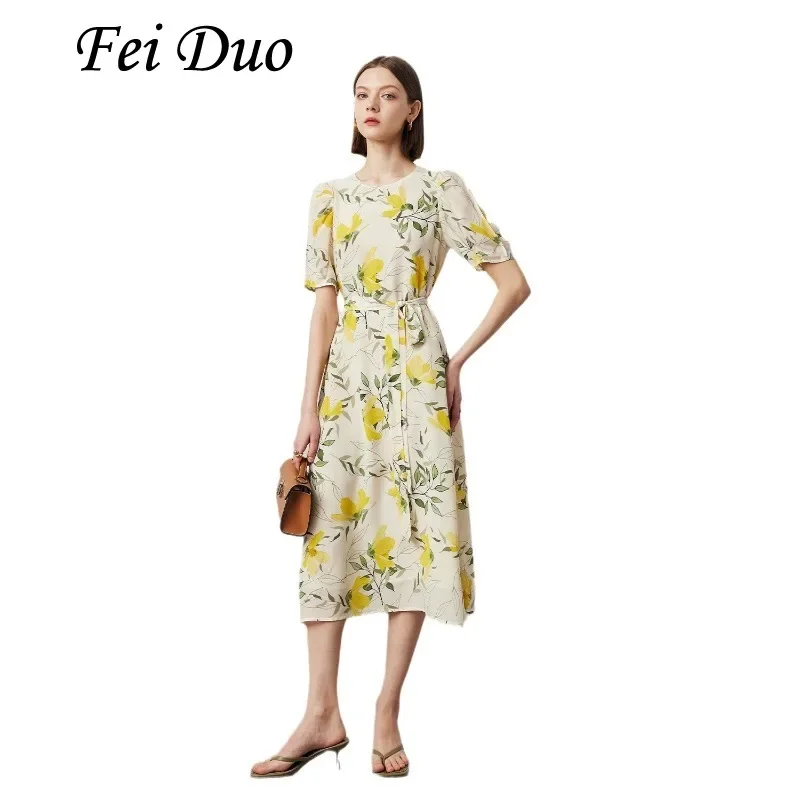 Women's Fashion Spring/Summer 100% Natural Mulberry Silk Double Crepe Round Neck Short Sleeve Tie Up Waist Floral Commuter Dress