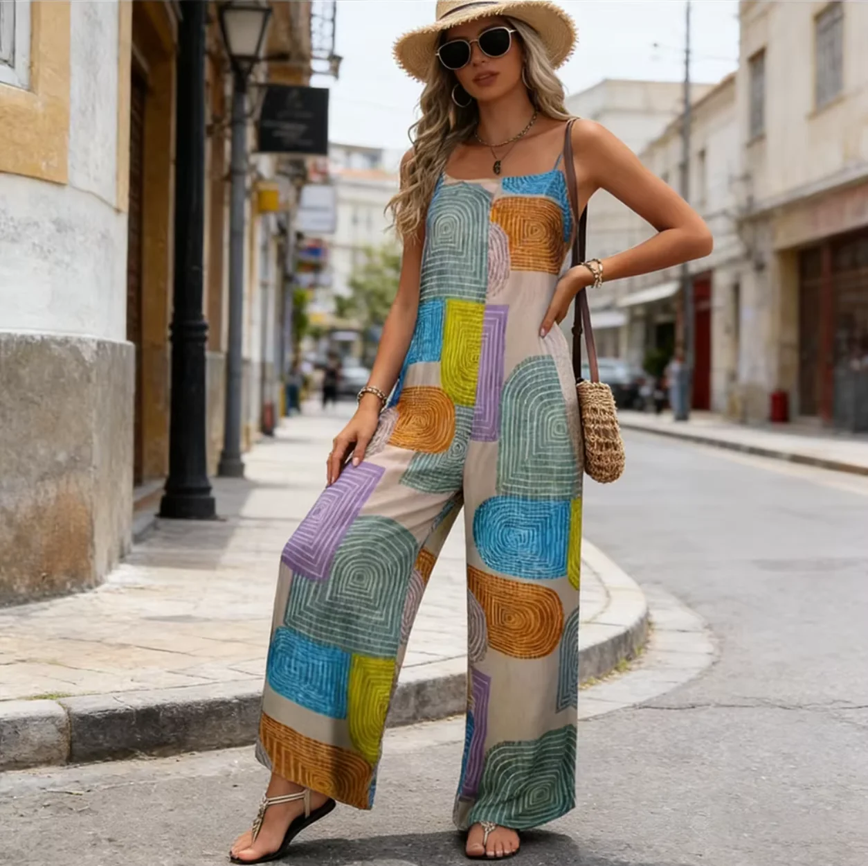 Summer Women's Sleeveless Jumpsuit Color Block Geometric Print Spaghetti Strap Wide-Leg Loose Fit Vacation Romper