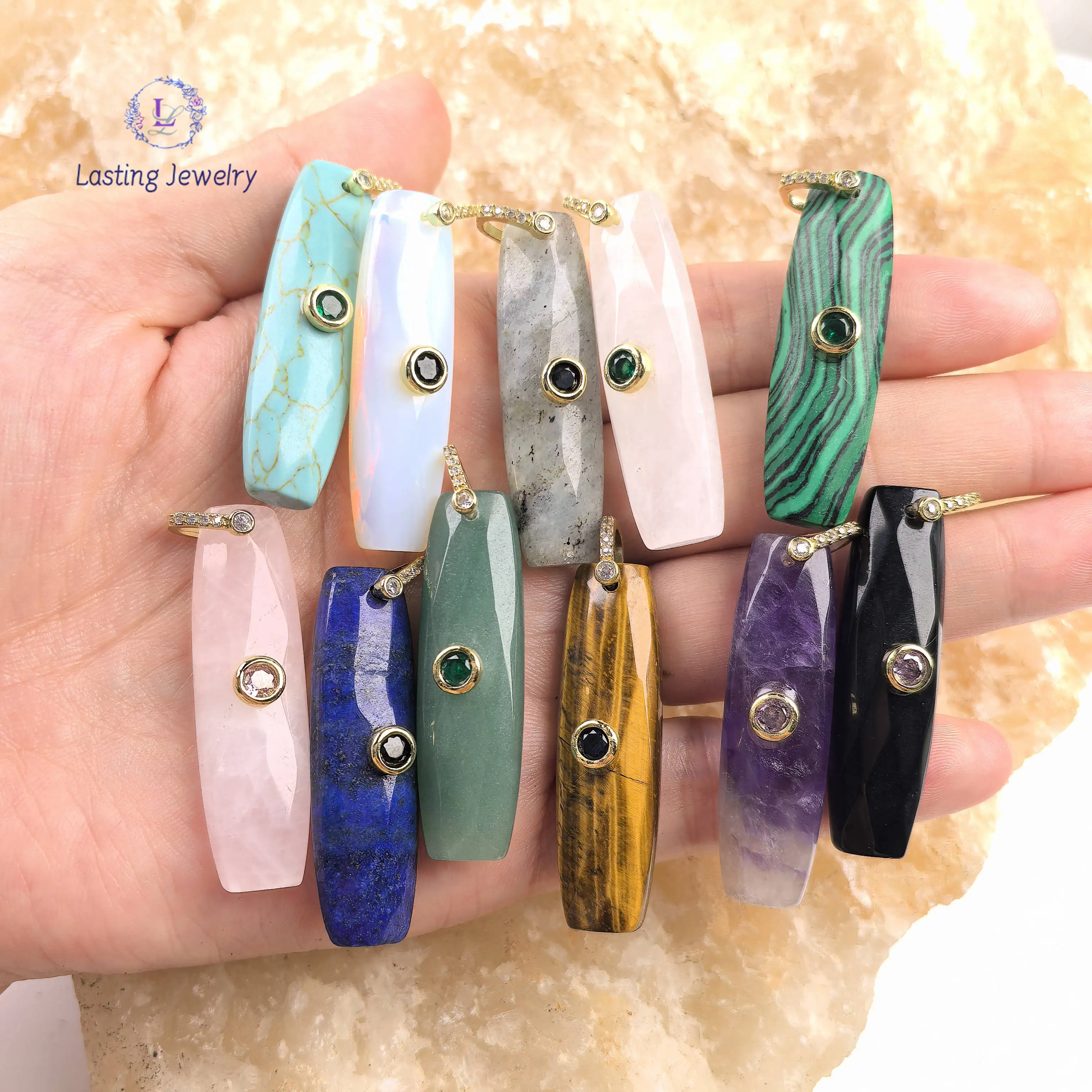 Faceted Slice Stick Pendants With Inlaid Colored Zircon Beads Healing Quartz Gemstone CZ Charms For Necklace Jewelry Making