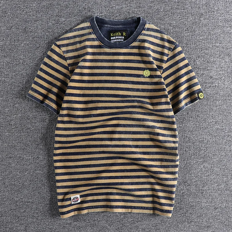 Summer New Japanese Retro Short Sleeve Striped T-shirt Men\'s Fashion 100% Cotton Slim Simple Round Neck Washed Old Casual Tops