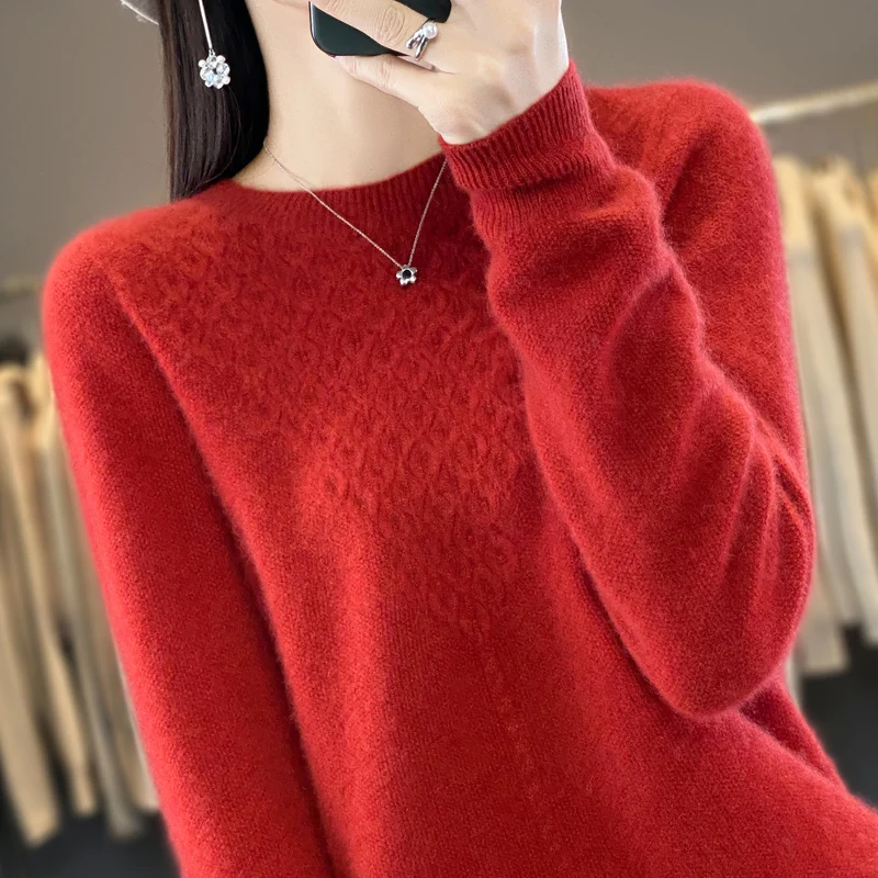 100% 울 O-넥 스웨터, 할로우 아웃 용수철, 세련된 여성 니트, 긴팔 탑, 캐주얼 슬림 풀오버 점퍼, 가을 패션