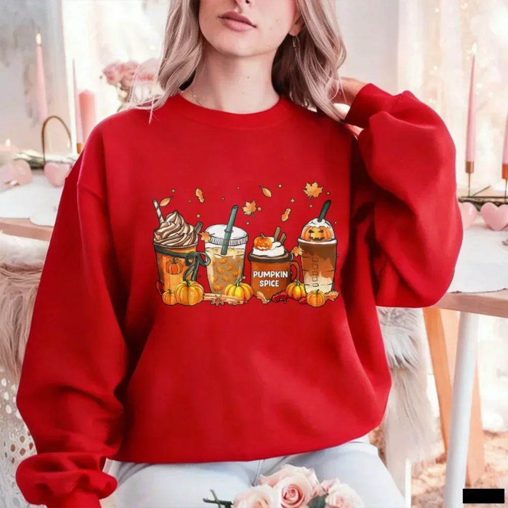 Funny Halloween Pumpkin Spice Latte Sweatshirt Fall Coffee Cups Patch Leaves Graphic Pullover Cozy Women Autumn Winter Tops view 3