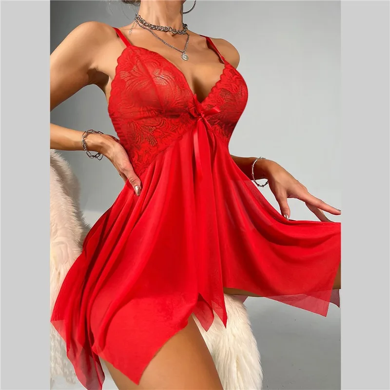 Sexy Lace Sleepwear See Through Pajamas V-neck Lace Dress Mujer Lingerie Porn Costumes Exotic Apparel Female Underwear Nightgown