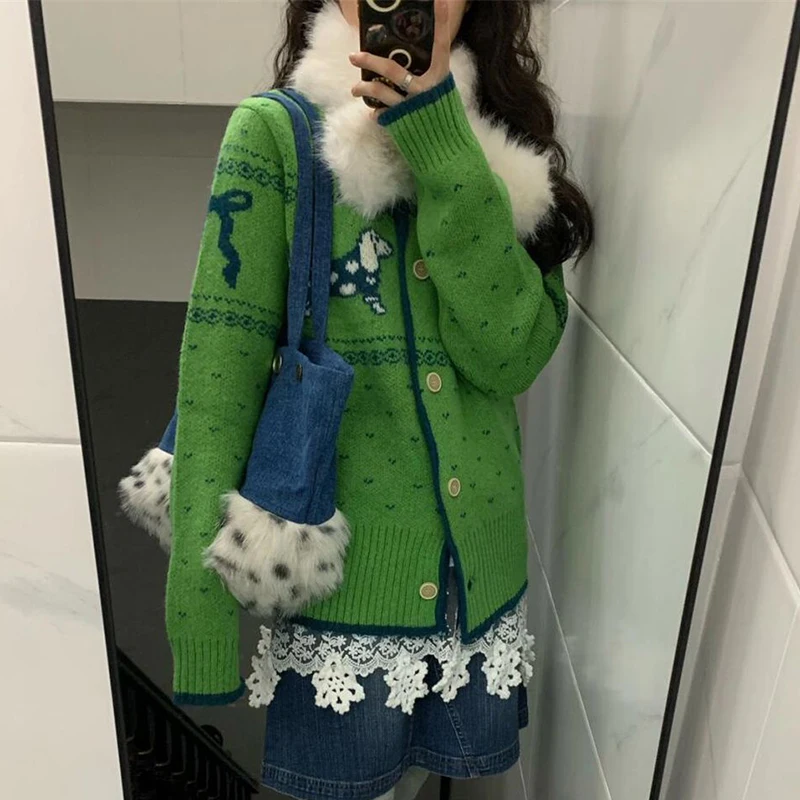 الأخضر خمر الجاكار سترة متماسكة المرأة الحلو Preppy كم طويل س الرقبة سترة الكورية فضفاضة عادية Harajuku زر القمم جديد