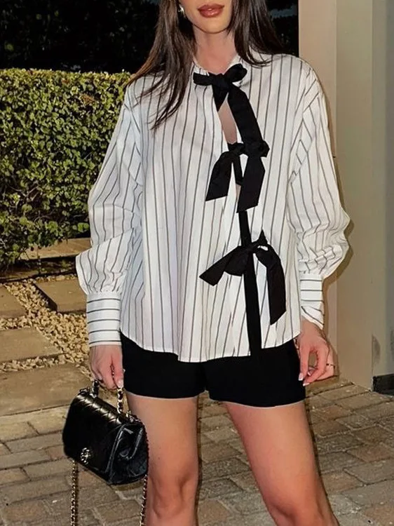 

Women's Striped Long Sve irt Cleanfit Waist Cotton Polyester Blend Thin Fabric Resistant to Deformation Printed Design