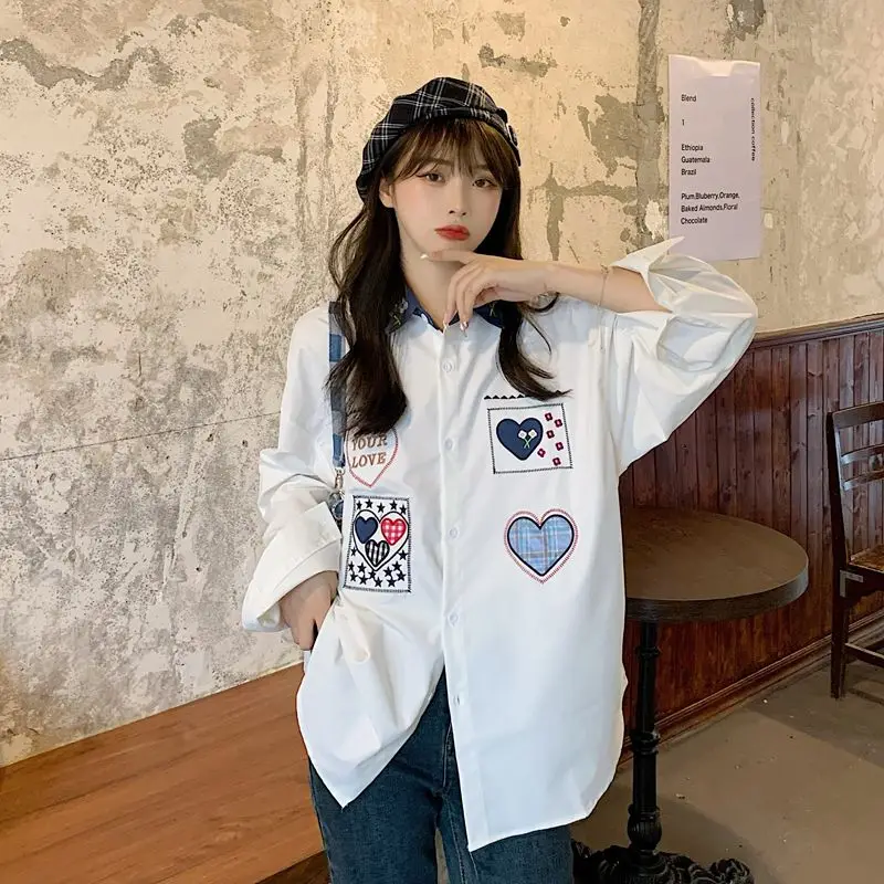 

Retro Love Stitching Women's Shirt Loose Long Sleeve Design Spring Autumn New Style Age Reduction Small Audience Shirt