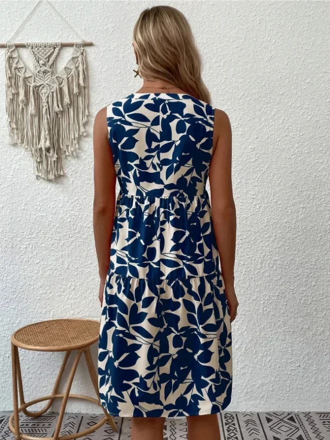 Vrouwen Boho Print Mini-jurk Zomer Elegante Mouwloze V-hals Ruche A-lijn Tankjurk Casual Losse Oversize Beach Party Zonnejurk