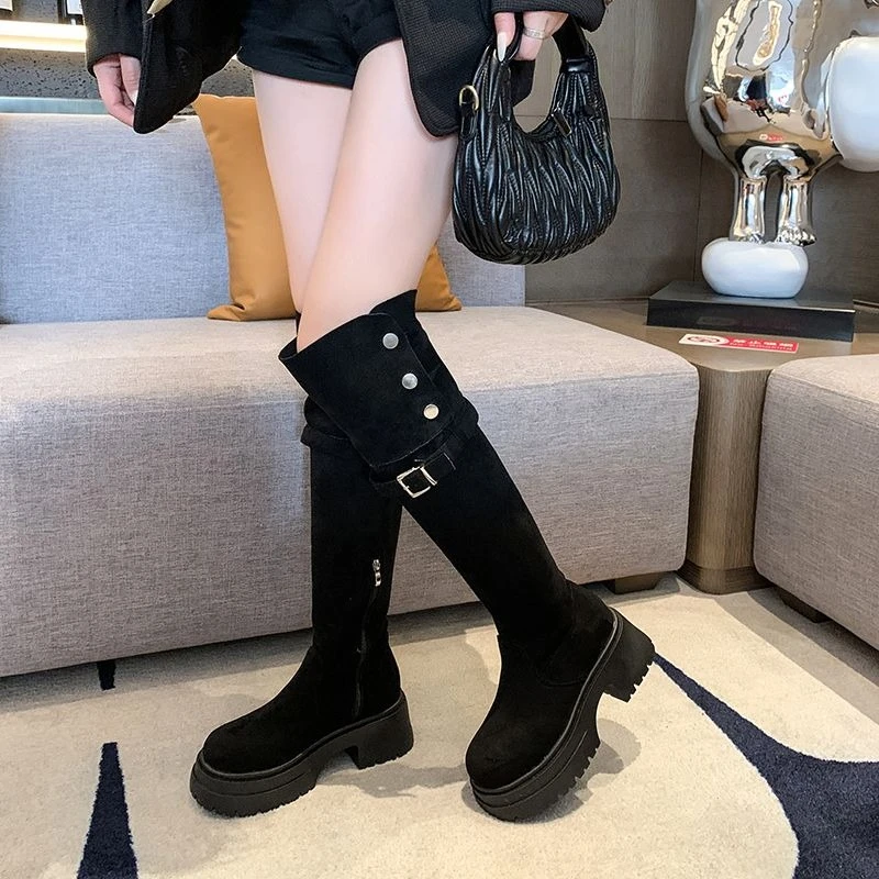 Women's 2025 Winter Over The Knee Western Convertible Foldable Two Wear Height Increasing Fleece Lined Rider Boots Vintage