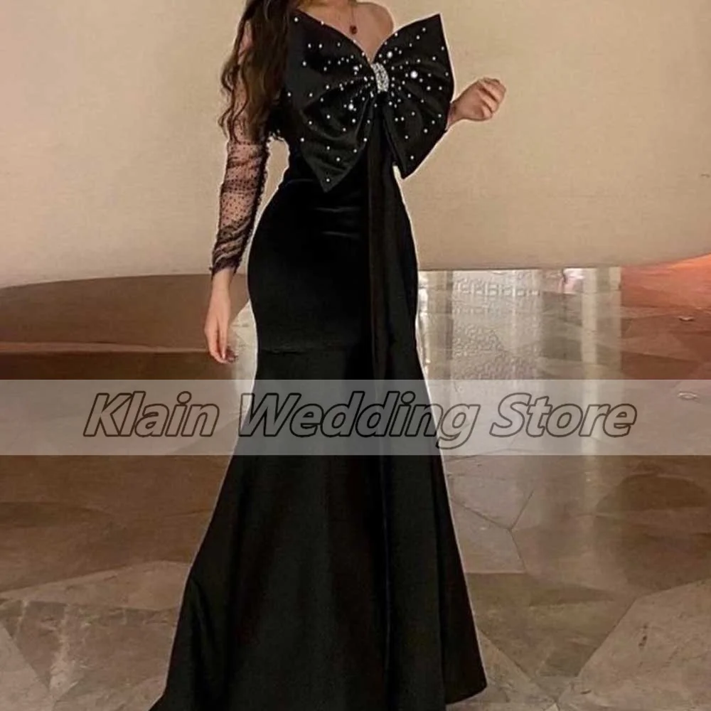 Customized Sparkling Sequin Mermaid Jersey Evening Dress With Crystal Large Bow Off The Shoulder Lace Long Sleeve Casual N Prom