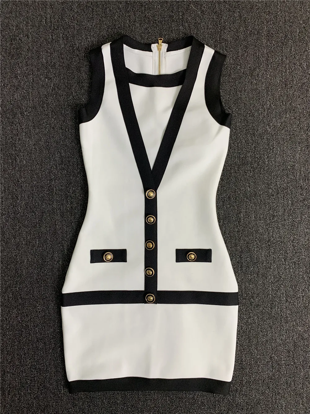 

Office Lady Formal Knitted Bandage Dress Elegant White Sleeveless Black Bordure Bodycon Mini Elastic Comfortable Daily Dresses