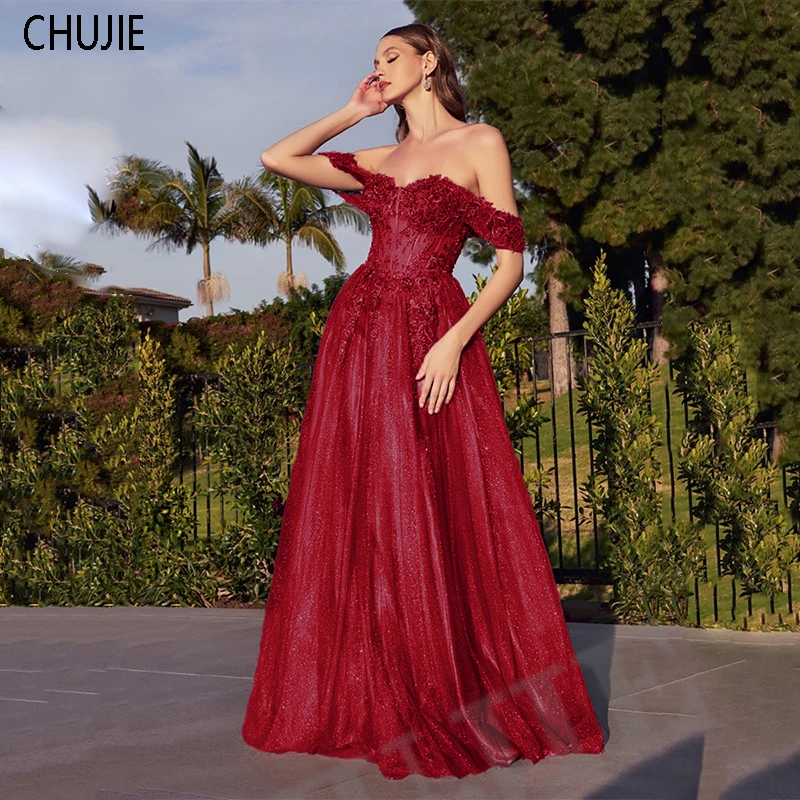 Elegant Burgundy Woman Prom Dress For Party Dresses Appliques Off Shoulder Women Evening Dresses For Wedding Quest Party ﻿