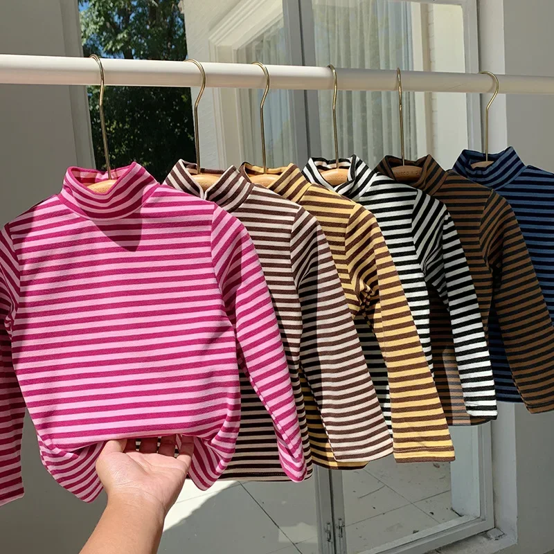 2-10T Toddler Kid Tshirt Baby Boy Girl Clothes Autumn Winter High Collar Cotton Infant T Shirt Striped Basic Tee Top Outfit