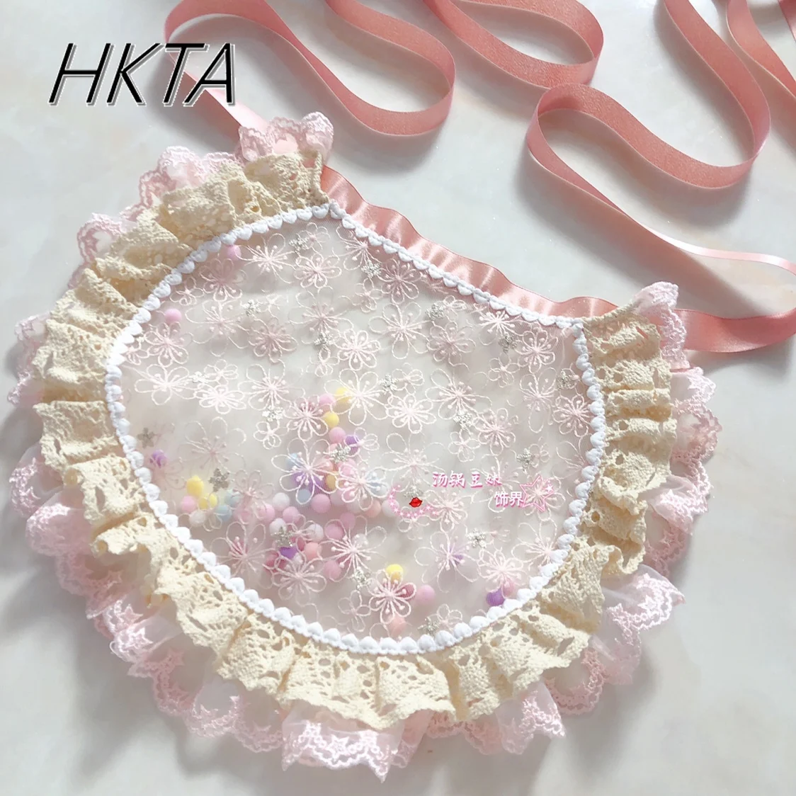 Original Lolita Handmade ญี่ปุ่นน่ารักผ้ากันเปื้อนผู้หญิงสาวหวานโบว์น่ารักลูกไม้กาแฟสีชมพูสีเขียว Bowknot ผ้ากันเปื้อนขนาดเล็ก