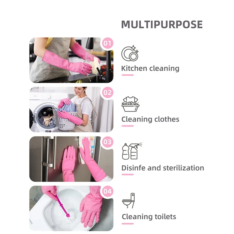 2 Pairs Dishwashing Cleaning Rubber Gloves, Reusable Waterproof Kitchen Gloves, Non-Slip Easy To Use Rose Red