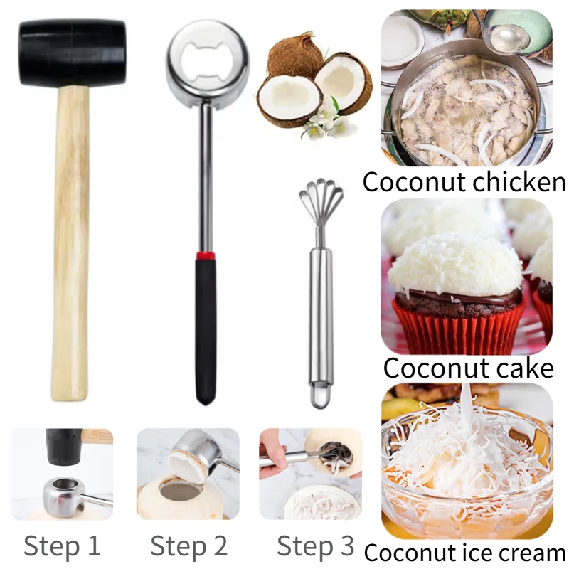 

Новый инструмент 3-в-1 для открывания кокосов из нержавеющей стали, включая открывалку для скорлупы кокосов, резиновый молоток, скребок для проволоки, кухонный фруктовый аксессуар