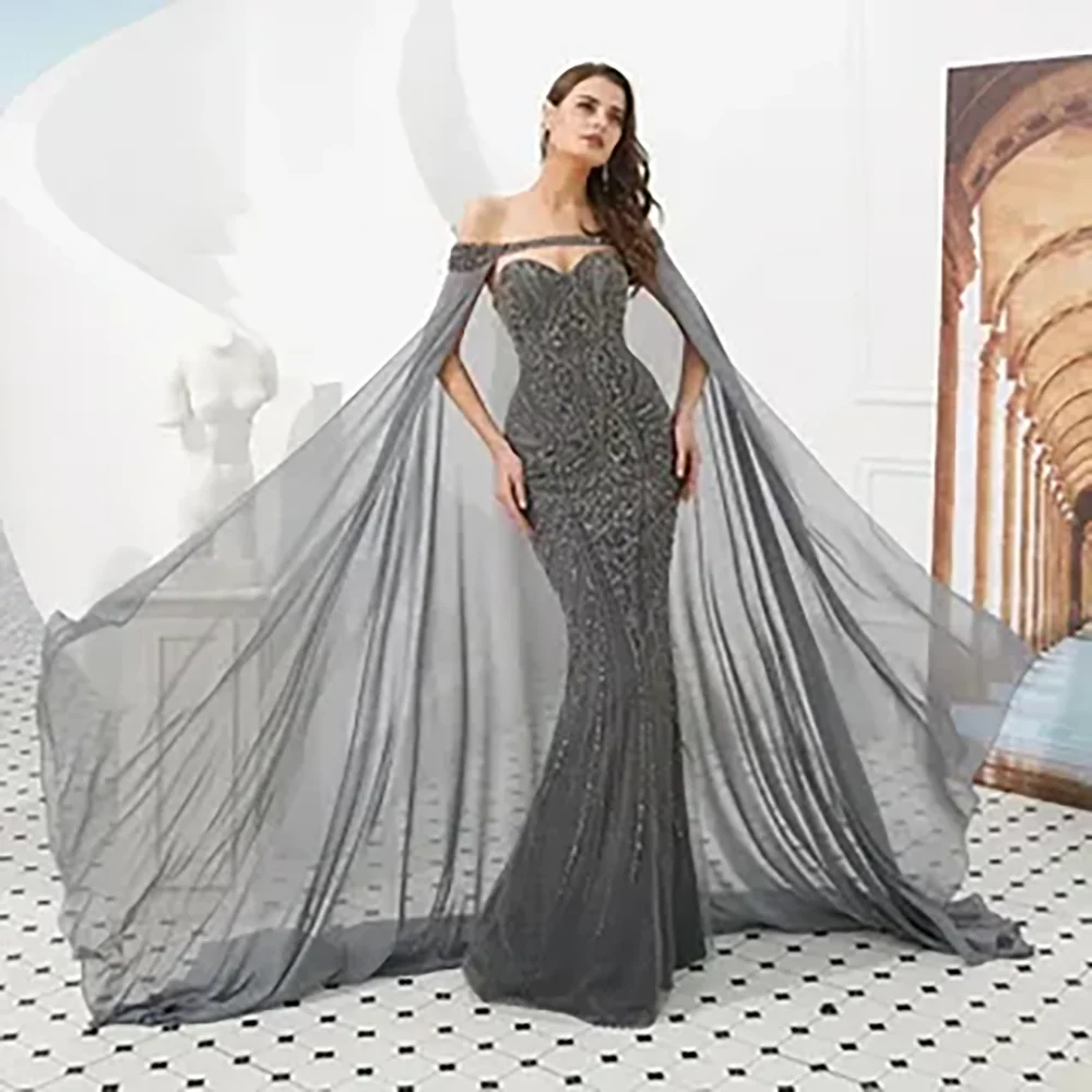 Luxury V-Neck Evening Dresses for Women Elegant Exquisite Off The Shoulder Floor-Length Beaded Decoration Cocktail Party Gown