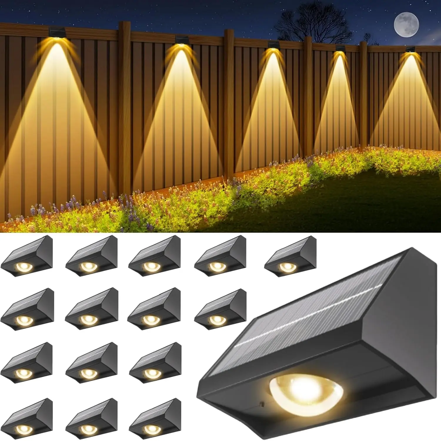 

16 Pack Solar-Powered Outdoor Fence Light LED Spot Lens Light Non-Drill for Step Deck Patio Backyard Garden Lighting Solar Lamp