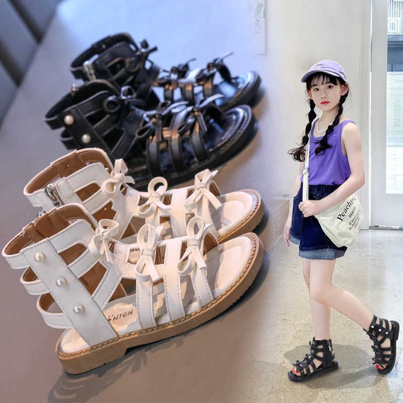 

2025 Summer New Girls Roman Sandals Fashion Pearl Bowknot Children's Gladiator Sandals Hollow-out Kids Causal Princess Beac