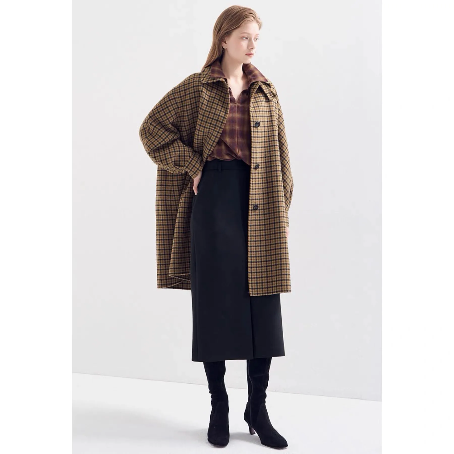 

Hand-Sewn Wool Camere Oversized Coat Lemon Cheese LAN25 Autumn Retro Plaid Turn-down Collar Versatile Outerwear Long Sve