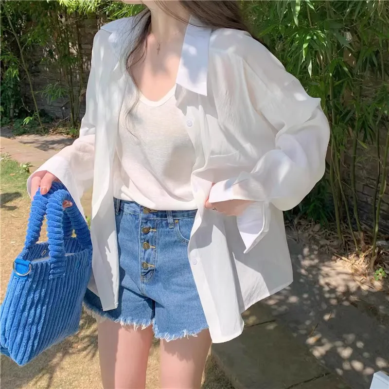 

White Ice Silk Women's Sun Protection Shirt Summer Thin Outerwear Long Sleeve Cardigan Shawl Collar Chiffon Outerwear