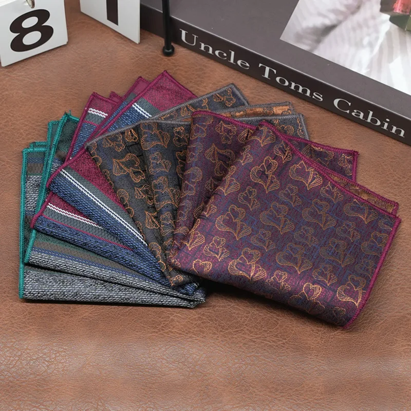 New Fashion Polyester Jacquard Snow Star Printed Pocket Square Men's Brown Striped Handkerchief Wedding Party Suit Accessories