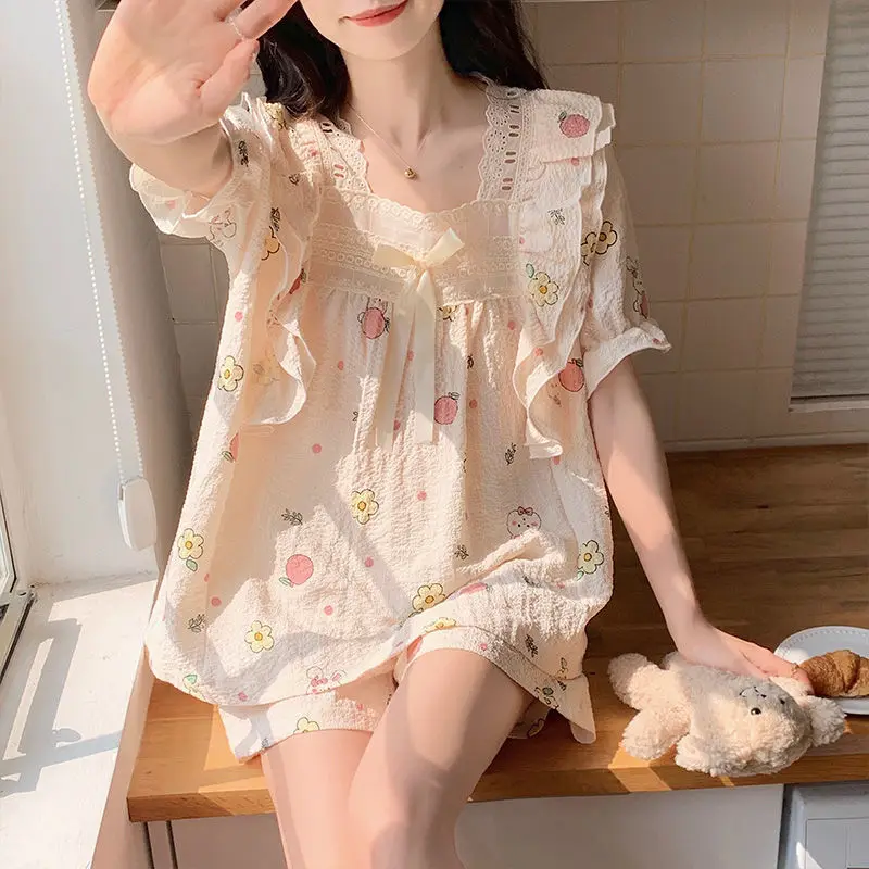 Kawaii Clothes Sleepwear Women Summer Short Sleeve Cotton Pajamas Sets Lace Loungewear Two Piece Girls Nightwear Korean Pajamas