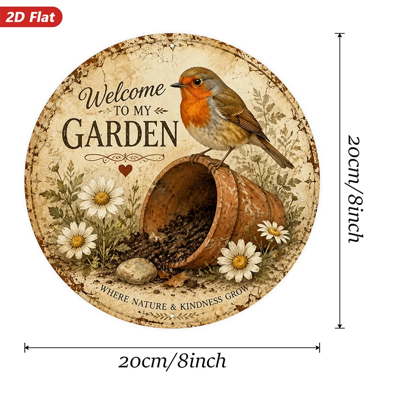 2D Flat, 1pc Vintage European Cardinal & Terracotta Pot Wall Art Suitable for Indoor/Outdoor Use, Round Welcome to My Garden Sig