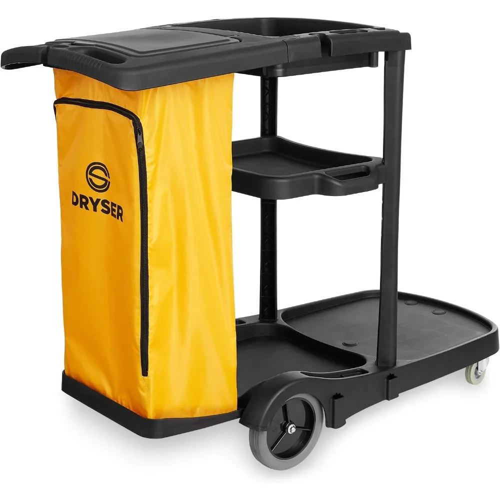 عربة التنظيف التجارية على عجلات - علبة التدبير المنزلي باللون الأسود مع غطاء وأرفف وحقيبة من الفينيل