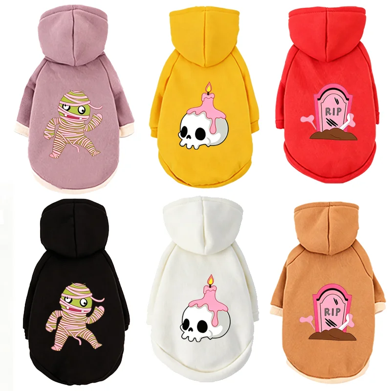 Halloween Spooky Mummy Skull Print Dog Hoodie Soft Warm Pet Hooded Sweatshirt Holiday Party Cosplay Outfit ForSmall Medium Puppy
