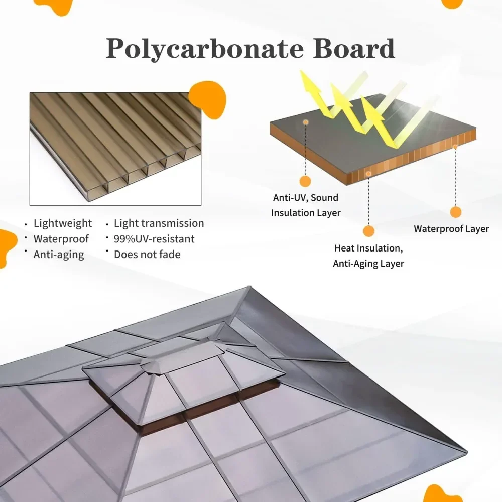 12'x14' Hardtop Gazebo, Outdoor Polycarbonate Double Roof Canopy, Aluminum Frame Permanent Pavilion with Curtains and Netting