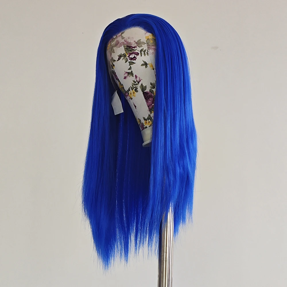 شعر مستعار اصطناعي مستقيم أزرق ساطع خط شعر طبيعي مقاوم للحرارة شعر أزرق باروكات أمامية من الدانتيل شعر مستعار للحفلات التنكرية باروكات زرقاء ملكية