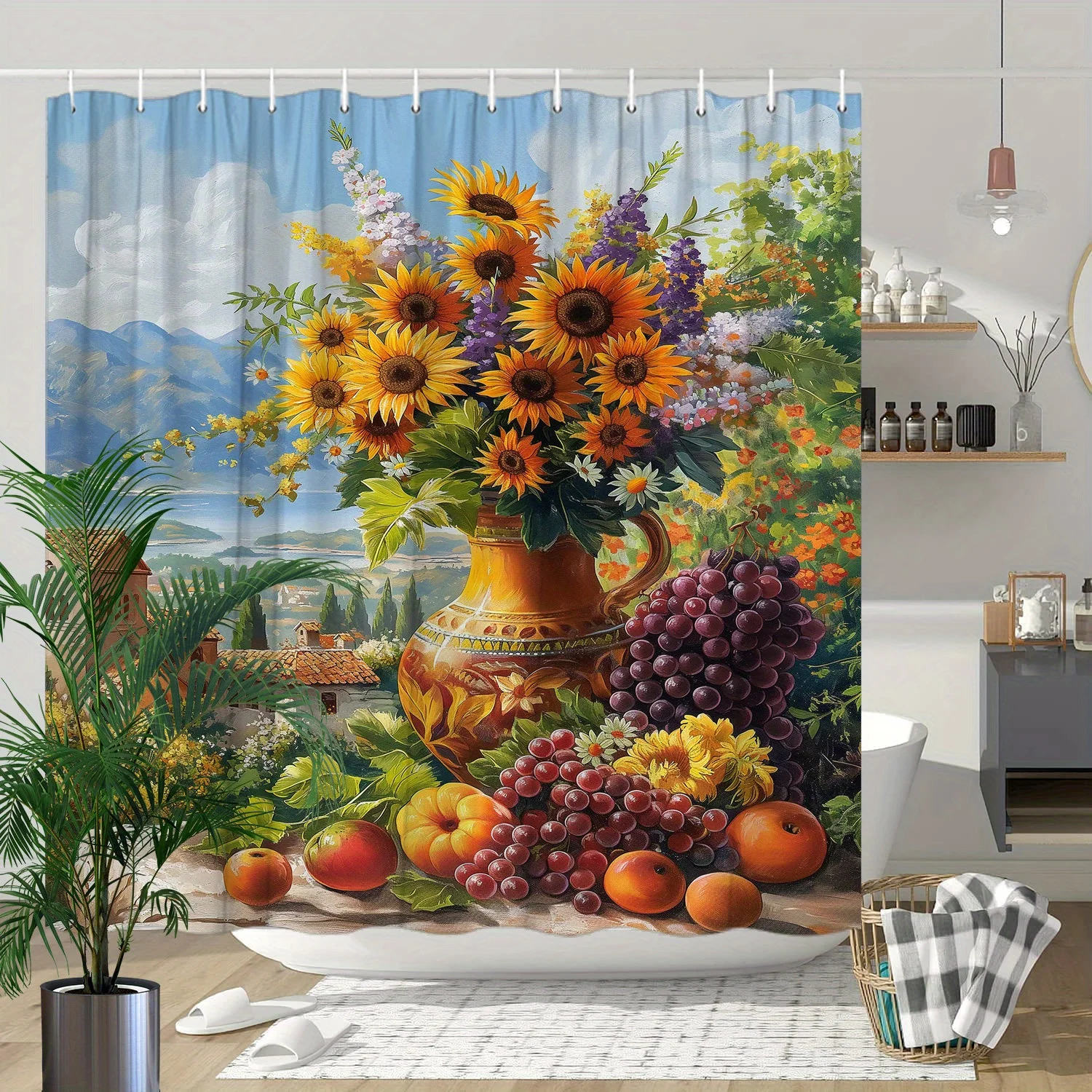 1pc Rustic Sunflowers Shower Curtain - Mediterranean Village, Vase with Grapes & Fruits, Polyester,  12 Hooks, Serene Design