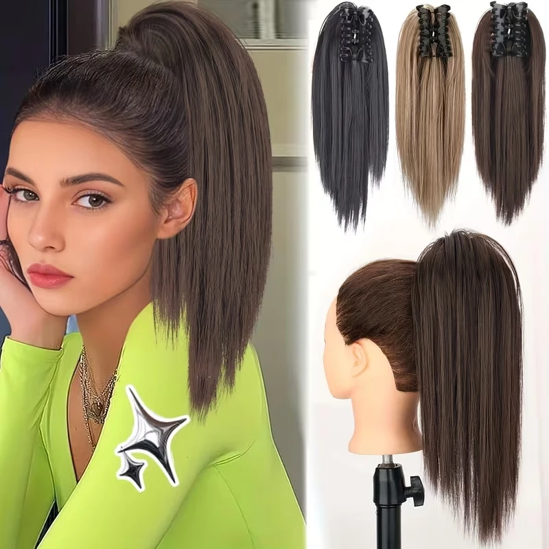 

14Inch Synthetic Short Straight Hair Extension Claw Clip-in Heat Resistant Type Ponytail Hairpiece for Women Everyday Use