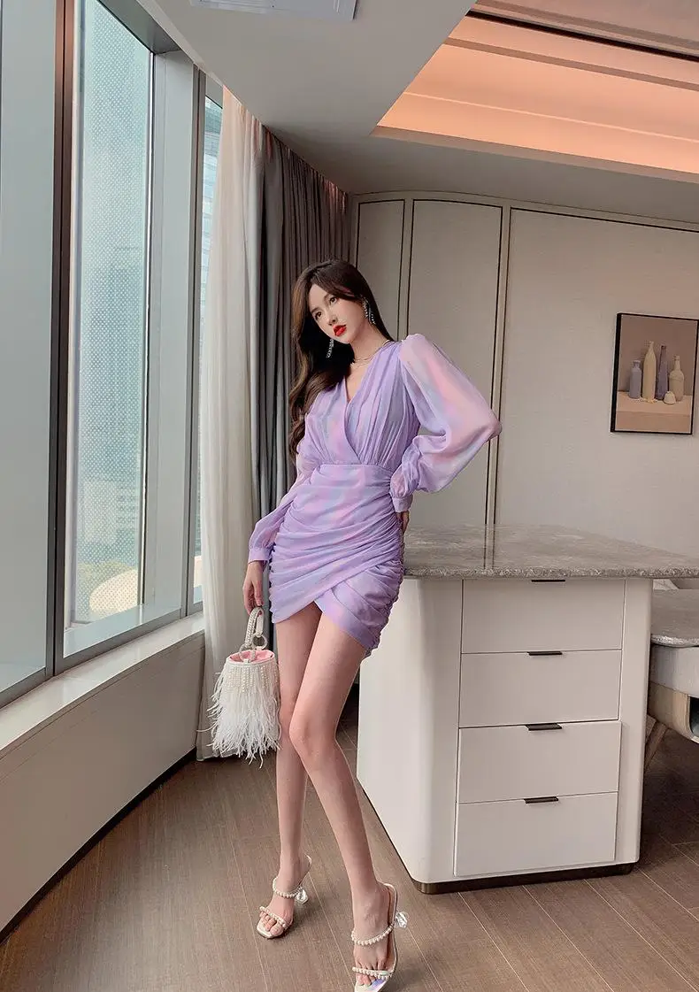 Women's autumn clothes new style stylish V-neck gradient purple irregular hip-wrapped puff sleeve dress