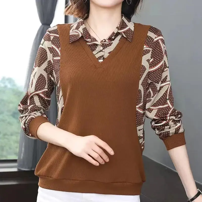 Frühling Herbst gefälschte zweiteilige Bluse Vintage Langarm bedruckte Damen bekleidung pendeln Revers Knopf stilvolle Patchwork-Shirt