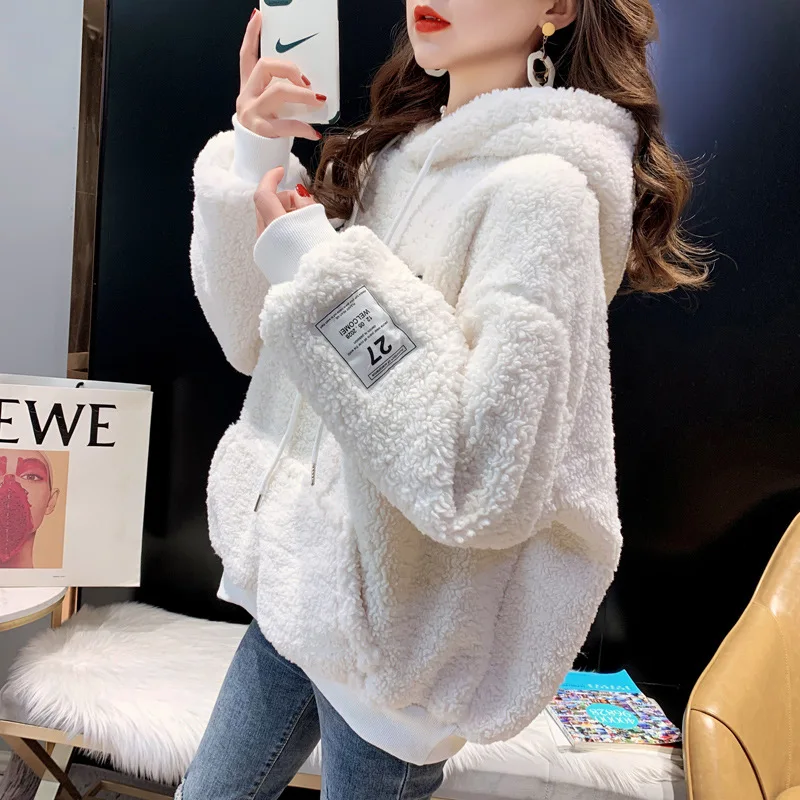 Women Lamb Winter Warm Pullover Hat Coat Women Autumn Thickened Fleece Hoodies Sweatshirt Trendy Loose Casual Hoodie Top