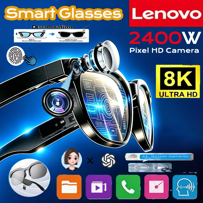 Lenovo 8K 2400MP Insert Cards Smart AI Glasses Translation Bluetooth Conversation Recording Listening To Music Smart Sunglasses