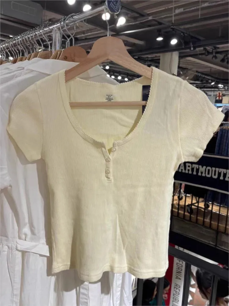 

Yellow Button Sweet Slim Short Sleeve Tee Women Summer New Cotton Ribbed Streetwear Tops Clothes Cute Vintage Chic T-shirts Y2K