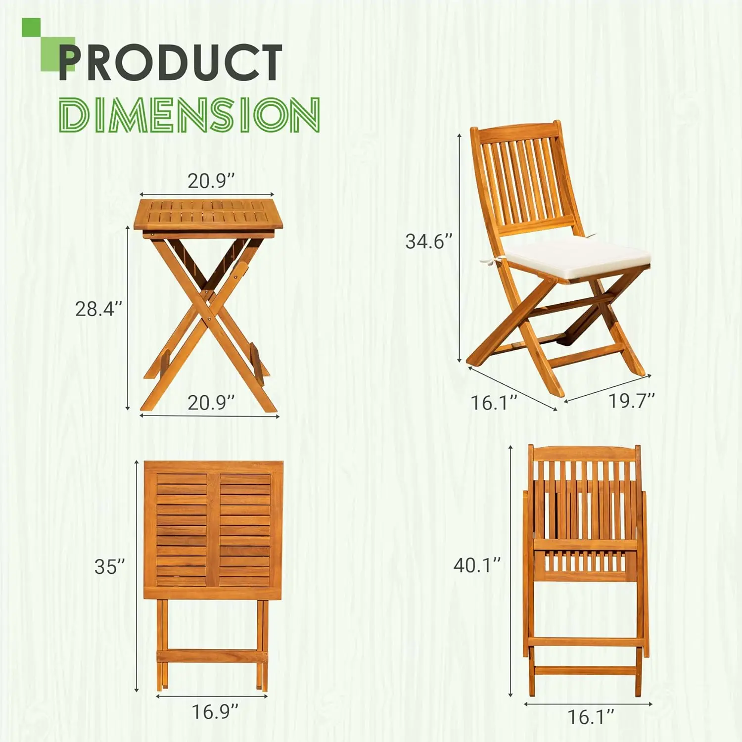 3-Piece Pátio Móveis Dobráveis, Bistro Set, 2 Almofadas para Piscina, Praia, Quintal, Varanda, Varanda, Deck, Jardim, Acácia Madeira