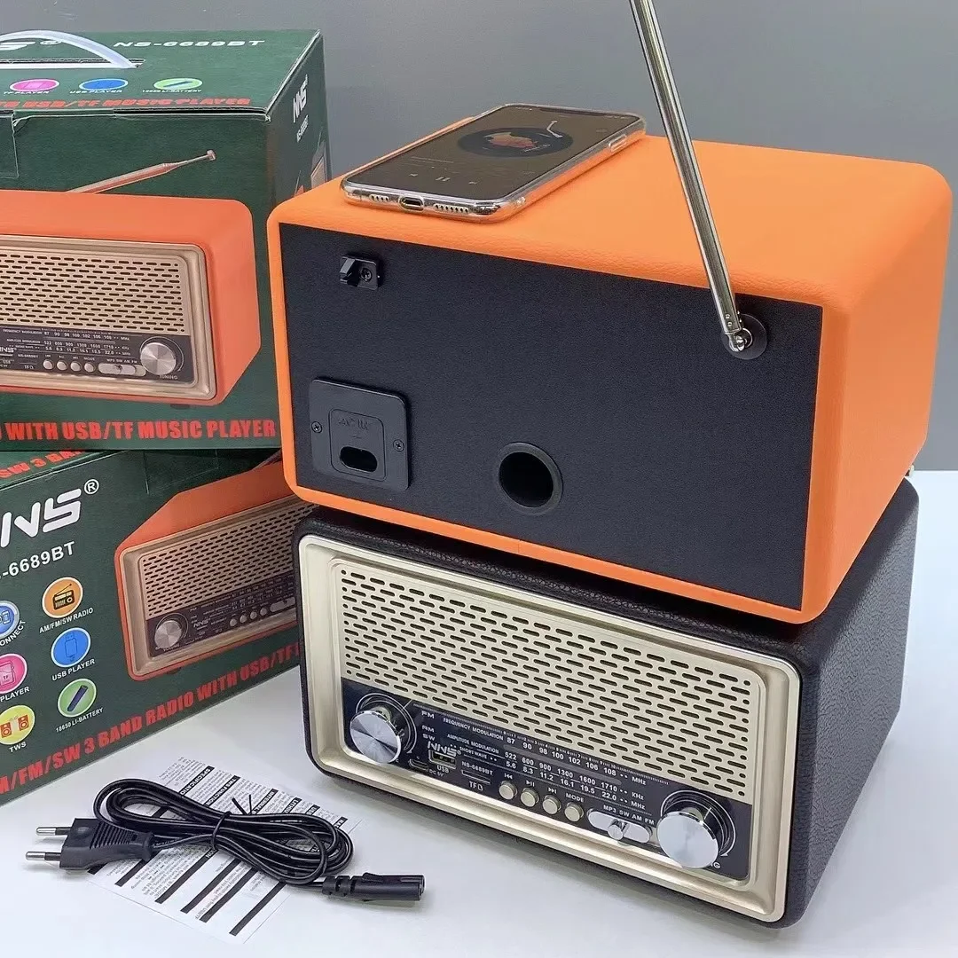 Retro Leather Wood Bluetooth Speaker Double Horn High-power Outdoor FM/AM/SW Multi-band Radio Support FM USB TF Card MP3 Player