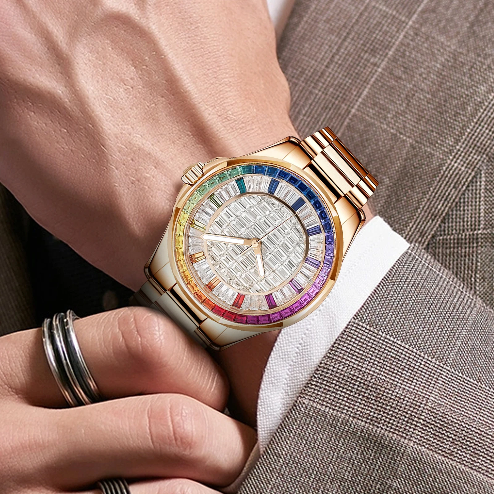 Luxury Designer-Inspired Style Women's Mechanical Watch with Colorful Square Diamonds Stainless Steel Case  Bracelet FashionGIFT
